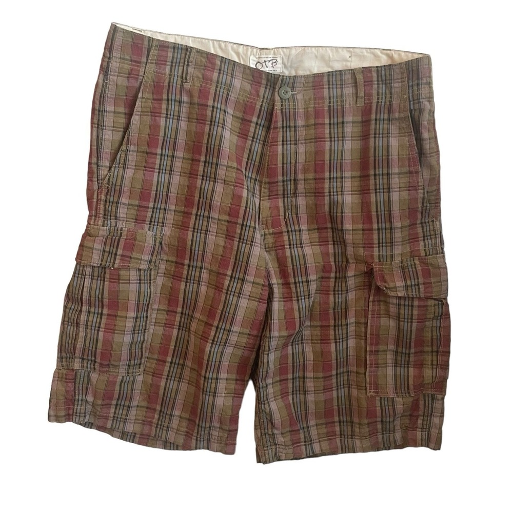 OTB Mens Long Cargo Shorts 38 Plaid Multi‎ Pocket Utility Y2K Streetwear Skater